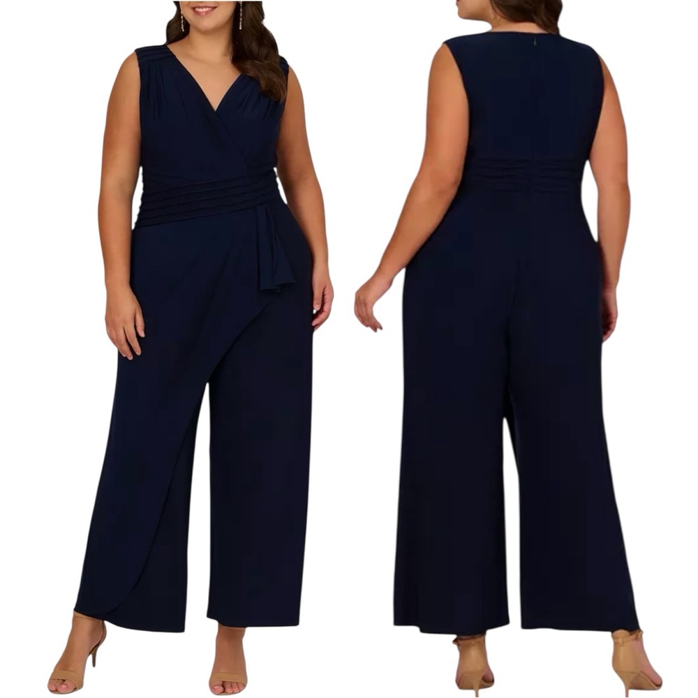 NWT Adiranna Papell Navy Pintuck Jersey Jumpsuit 16W